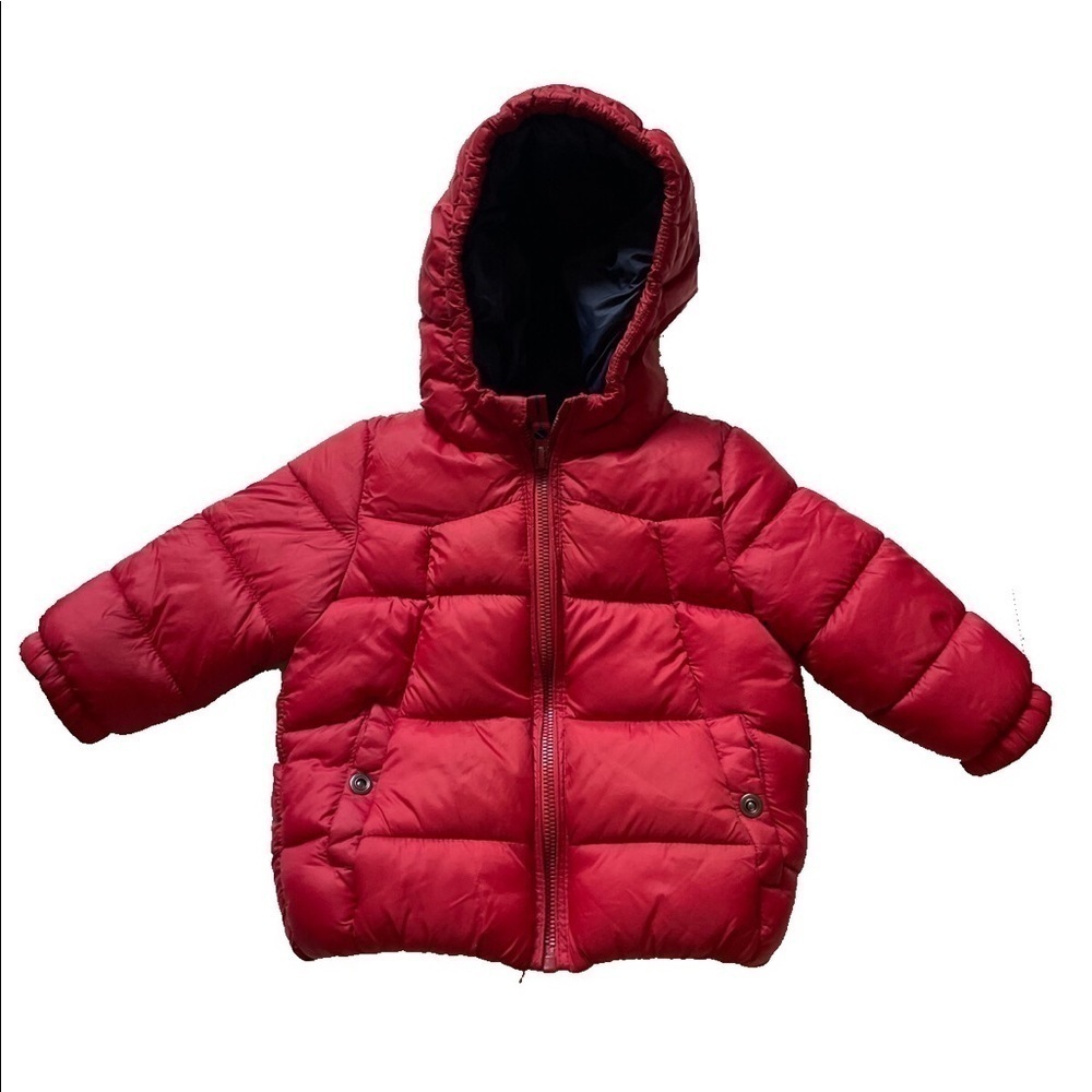 Zara Baby Red Hooded Fleece Lined Nylon Puffer Coat • Size 9-12M 🗣